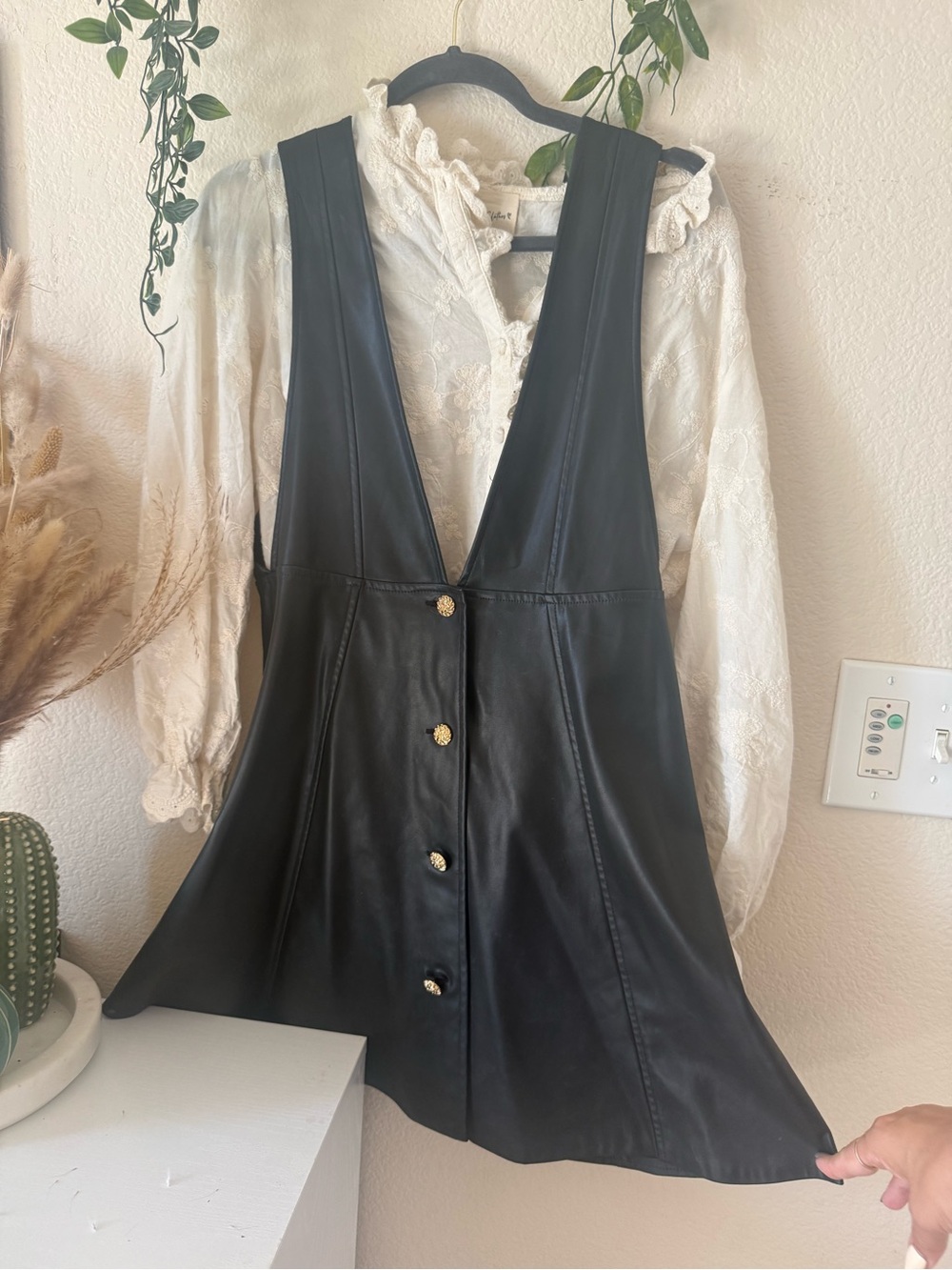 Zara Black Faux Leather Mini Dress with Gold Buttons